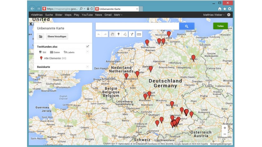 Beispiel einer Google-Karte mit allen roten Kunden der Kategorie "Handeln".